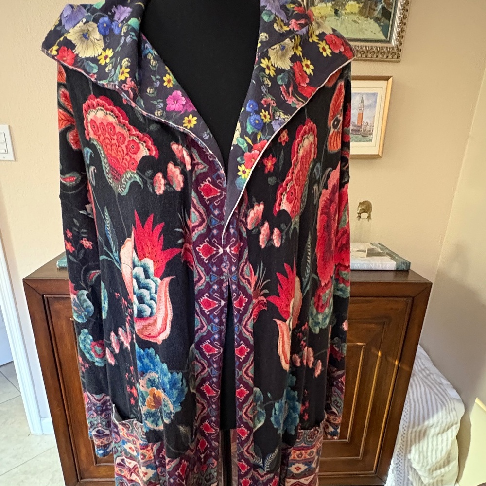 Johnny Was Hooded Coatigan Floral Geometric Black Cashmere Blend XL
